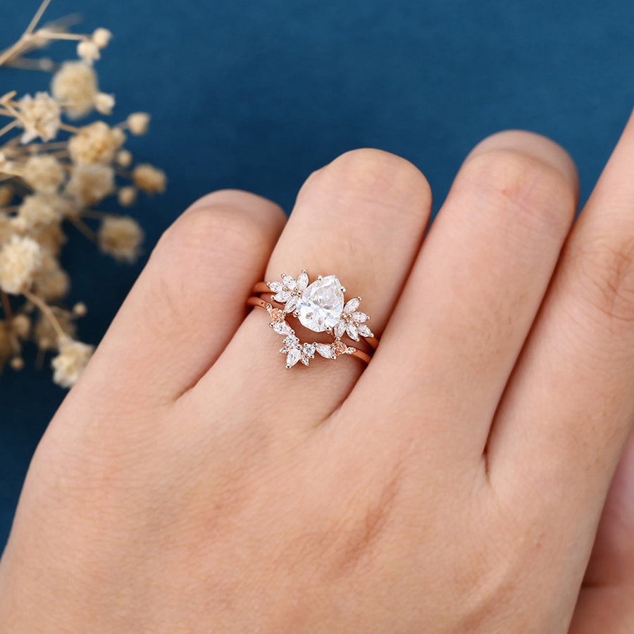 1.2Carat Pear cut Moissanite Engagement Ring Cluster diamonds Rose Gold Wedding Bridal Set