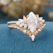 1.0Carat Marquise cut Moissanite Engagement Ring Cluster diamonds Rose Gold Wedding Bridal Set