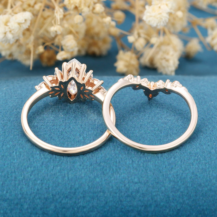 1.0Carat Marquise cut Moissanite Engagement Ring Cluster diamonds Rose Gold Wedding Bridal Set