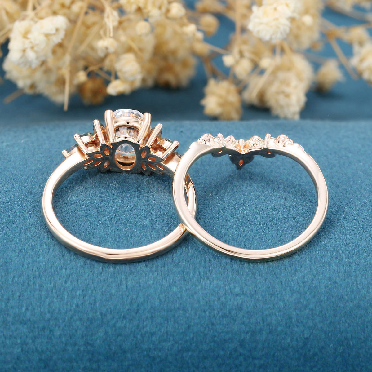 Oval Cut Moissanite+Moss Agate Rose Gold Wedding Bridal set