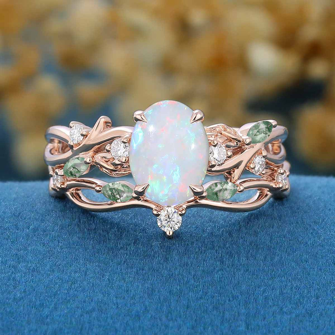 Inspired Oval cut Opal Engagement Ring Matching Moss Agate Solid Gold Wedding Bridal Set