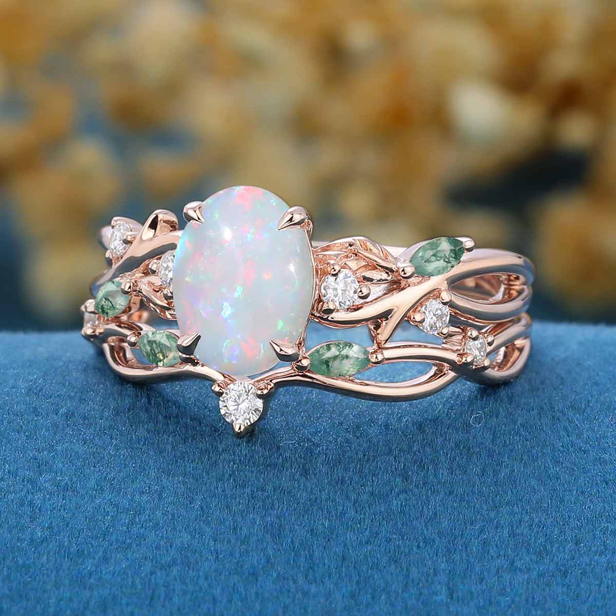 Inspired Oval cut Opal Engagement Ring Matching Moss Agate Solid Gold Wedding Bridal Set