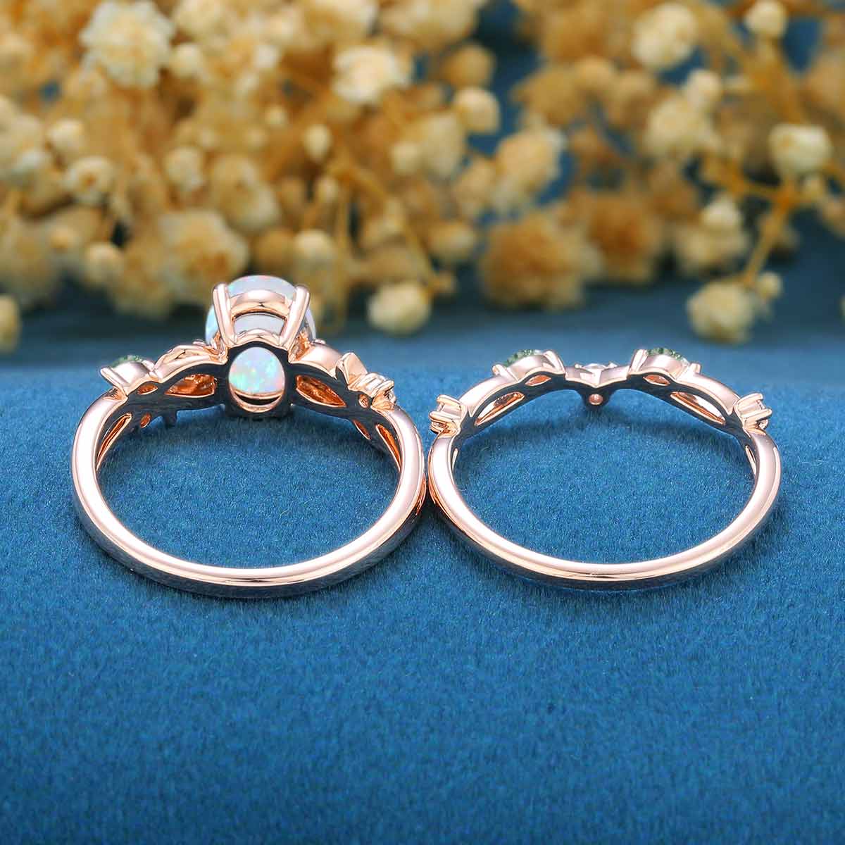 Inspired Oval cut Opal Engagement Ring Matching Moss Agate Solid Gold Wedding Bridal Set
