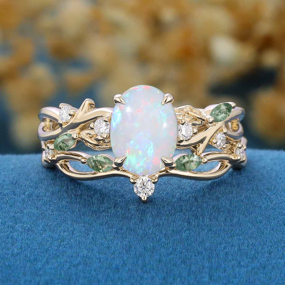 Inspired Oval cut Opal Engagement Ring Matching Moss Agate Solid Gold Wedding Bridal Set