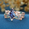 Kite Cut Alexandrite Cluster Engagement Ring & Moss Agate Curved Wedding bridal set