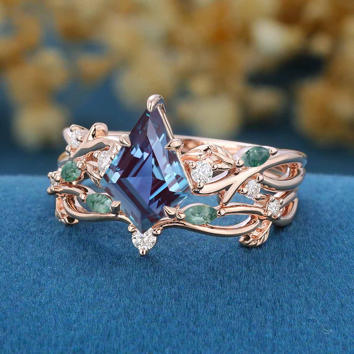 Kite Cut Alexandrite Cluster Engagement Ring & Moss Agate Curved Wedding bridal set