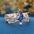 Kite Cut Alexandrite Cluster Engagement Ring & Moss Agate Curved Wedding bridal set