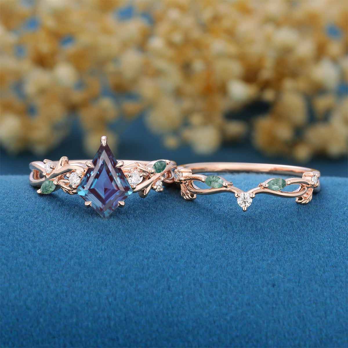 Kite Cut Alexandrite Cluster Engagement Ring & Moss Agate Curved Wedding bridal set