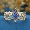 Kite Cut Alexandrite Cluster Engagement Ring & Moss Agate Curved Wedding bridal set