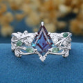 Kite Cut Alexandrite Cluster Engagement Ring & Moss Agate Curved Wedding bridal set
