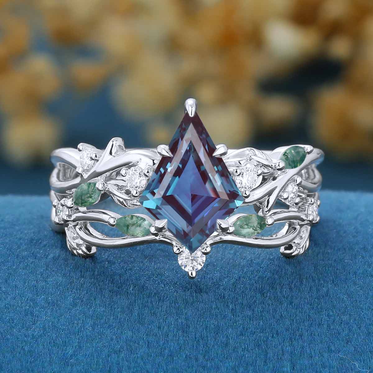 Kite Cut Alexandrite Cluster Engagement Ring & Moss Agate Curved Wedding bridal set
