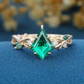Kite Cut Lab Emerald Leaf Vine Blue Moss Agate Engagement Ring