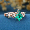 Kite Cut Lab Emerald Leaf Vine Blue Moss Agate Engagement Ring