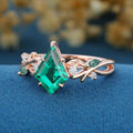 Kite Cut Lab Emerald Leaf Vine Blue Moss Agate Engagement Ring