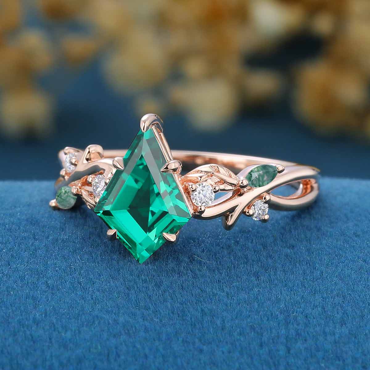 Kite Cut Lab Emerald Leaf Vine Blue Moss Agate Engagement Ring