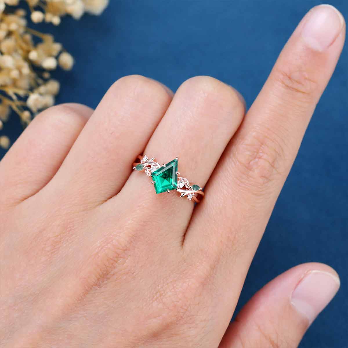 Kite Cut Lab Emerald Leaf Vine Blue Moss Agate Engagement Ring