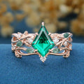 Kite Cut Lab Emerald Cluster Engagement Ring & Moss Agate Curved Wedding bridal set