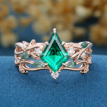 Kite Cut Lab Emerald Cluster Engagement Ring & Moss Agate Curved Wedding bridal set