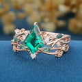 Kite Cut Lab Emerald Cluster Engagement Ring & Moss Agate Curved Wedding bridal set
