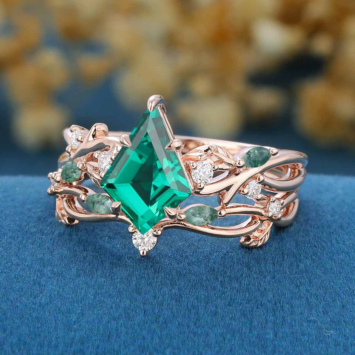 Kite Cut Lab Emerald Cluster Engagement Ring & Moss Agate Curved Wedding bridal set