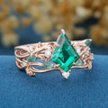 Kite Cut Lab Emerald Cluster Engagement Ring & Moss Agate Curved Wedding bridal set