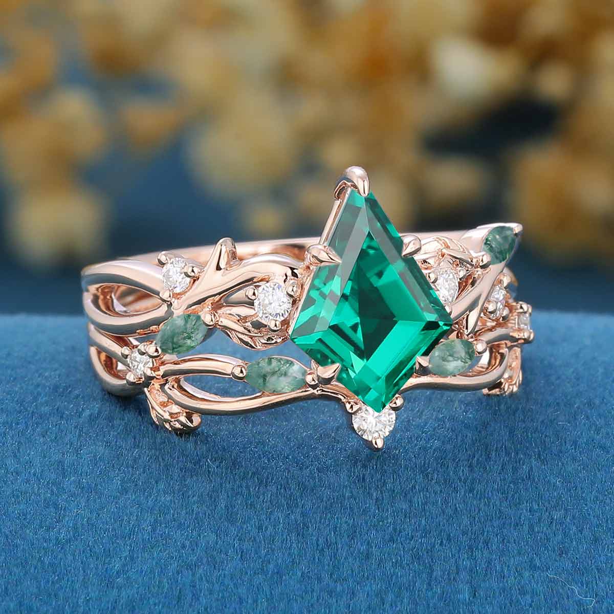 Kite Cut Lab Emerald Cluster Engagement Ring & Moss Agate Curved Wedding bridal set