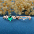 Kite Cut Lab Emerald Cluster Engagement Ring & Moss Agate Curved Wedding bridal set