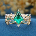 Kite Cut Lab Emerald Cluster Engagement Ring & Moss Agate Curved Wedding bridal set