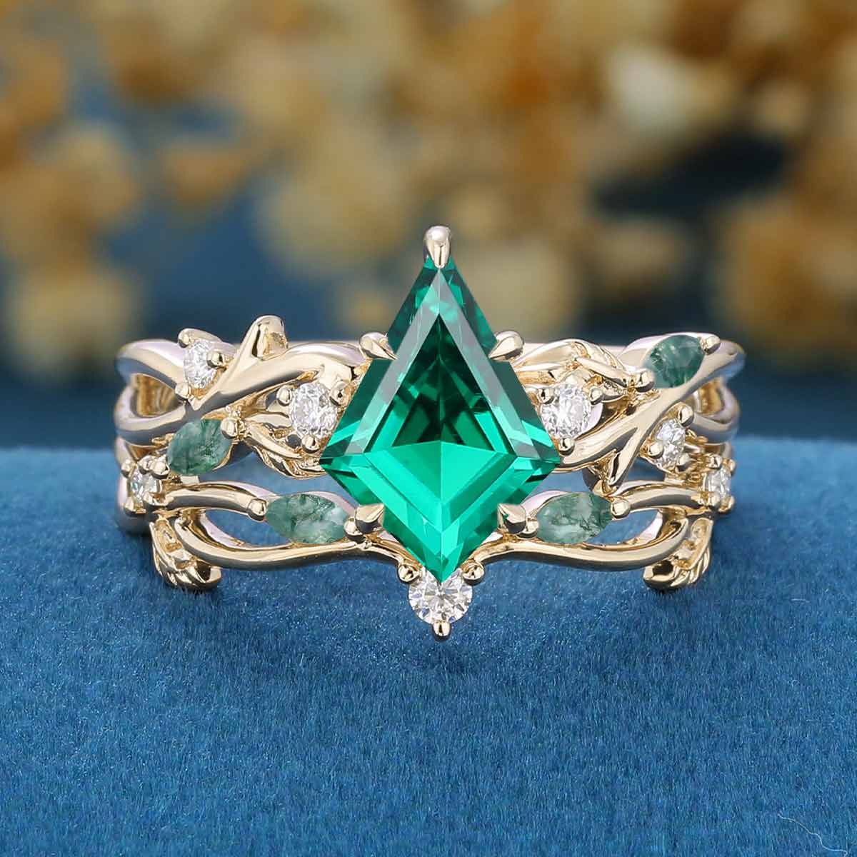 Kite Cut Lab Emerald Cluster Engagement Ring & Moss Agate Curved Wedding bridal set