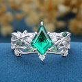 Kite Cut Lab Emerald Cluster Engagement Ring & Moss Agate Curved Wedding bridal set