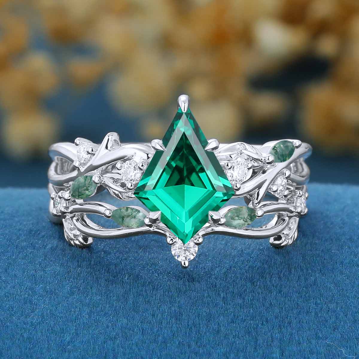 Kite Cut Lab Emerald Cluster Engagement Ring & Moss Agate Curved Wedding bridal set