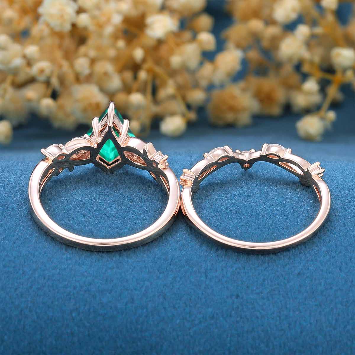 Kite Cut Lab Emerald Cluster Engagement Ring & Moss Agate Curved Wedding bridal set