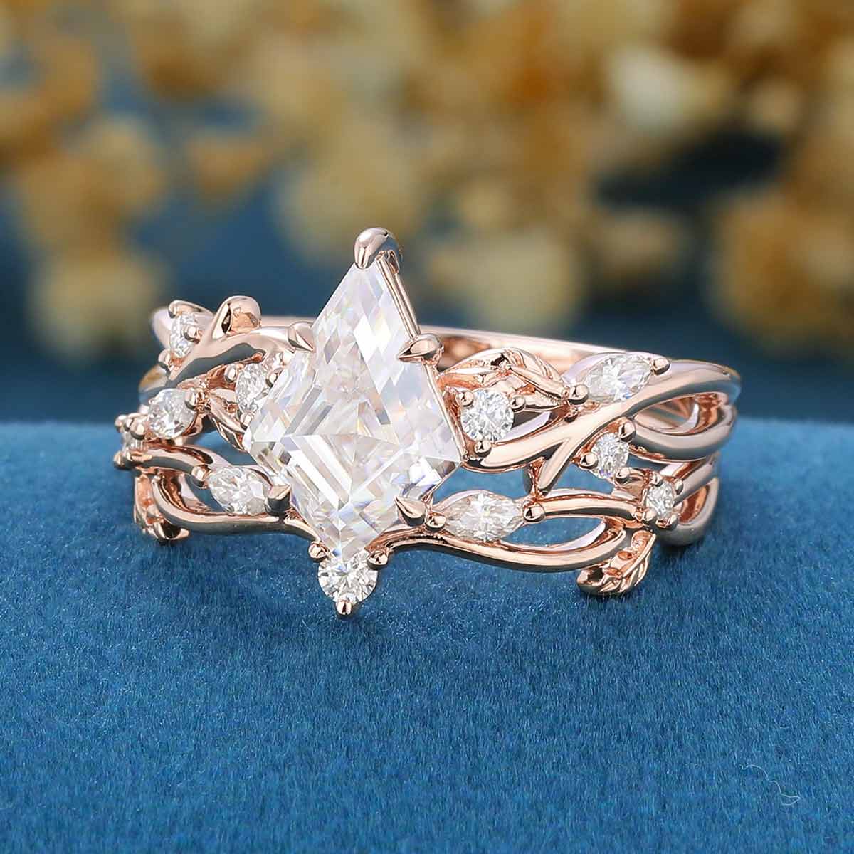 Kite cut Moissanite Cluster Engagement Ring & Lab diamond Curved Wedding bridal set