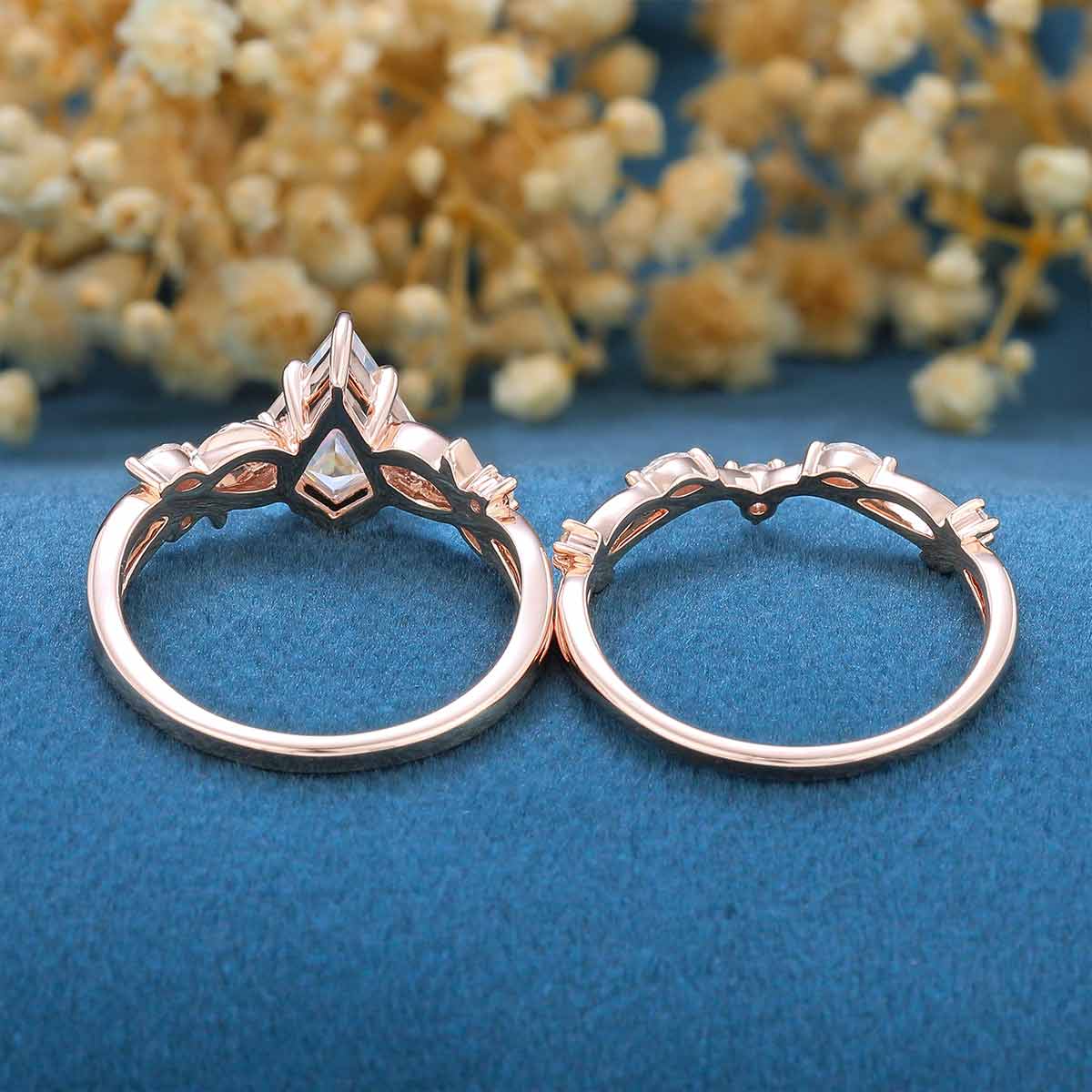 Kite cut Moissanite Cluster Engagement Ring & Lab diamond Curved Wedding bridal set