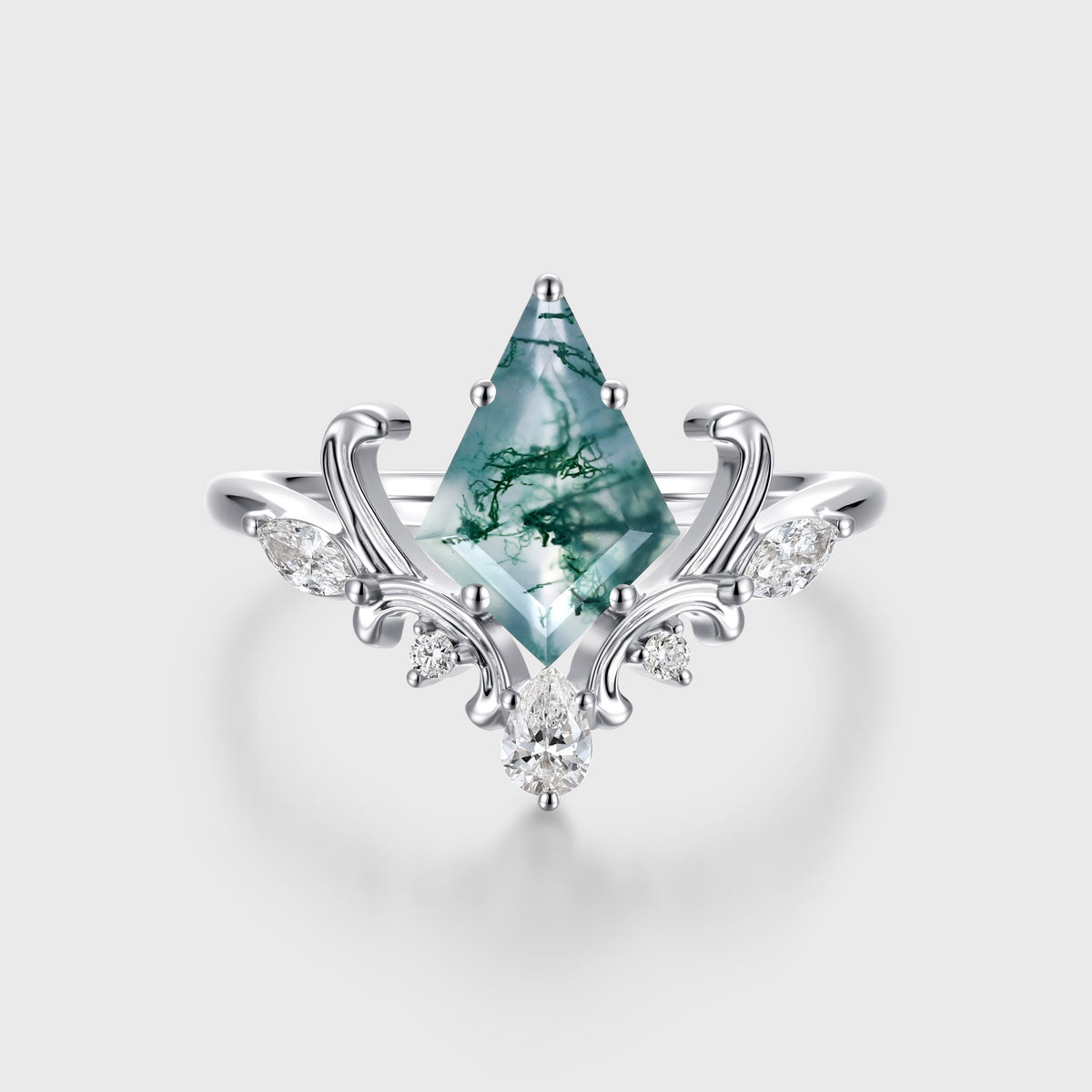 Kite Cut Natural Green Moss Agate Cluster Engagement Ring