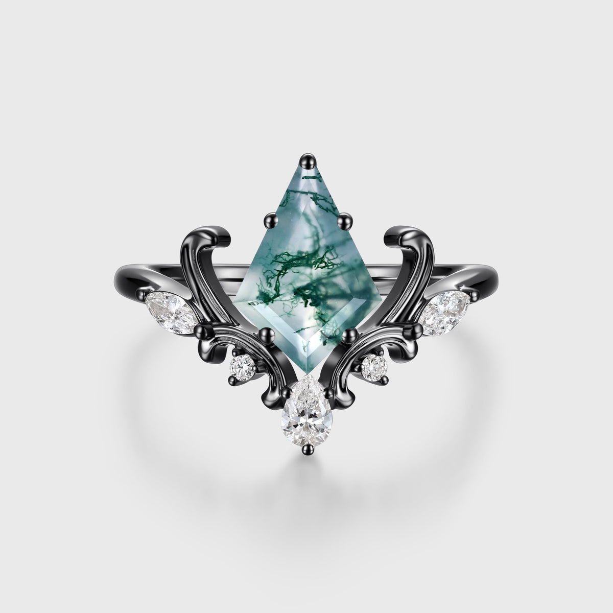 Kite Cut Natural Green Moss Agate Cluster Engagement Ring