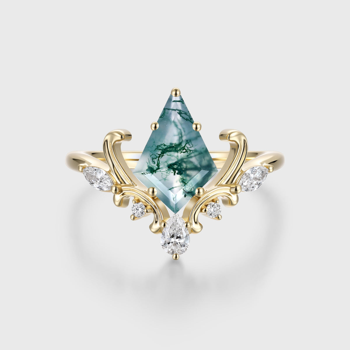 Kite Cut Natural Green Moss Agate Cluster Engagement Ring