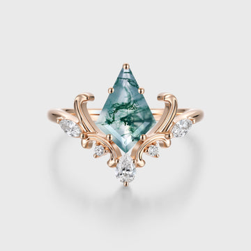 Kite Cut Natural Green Moss Agate Cluster Engagement Ring