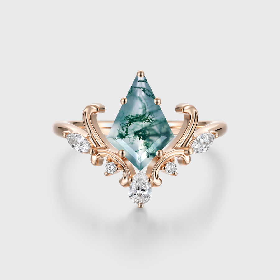 Kite Cut Natural Green Moss Agate Cluster Engagement Ring