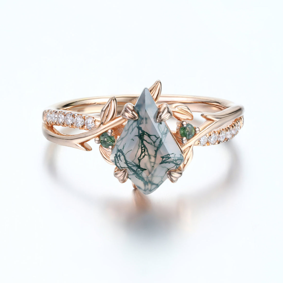 Nature Inspired Kite cut Moss Agate Gold Engagement Ring