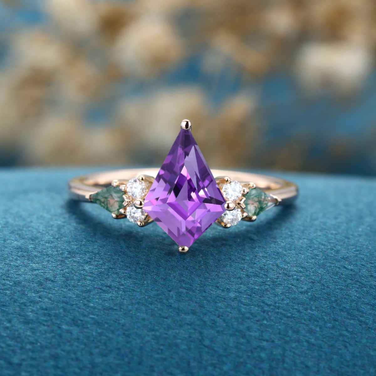 Kite cut Amethyst & Moss Agate Solid Gold Engagement Ring