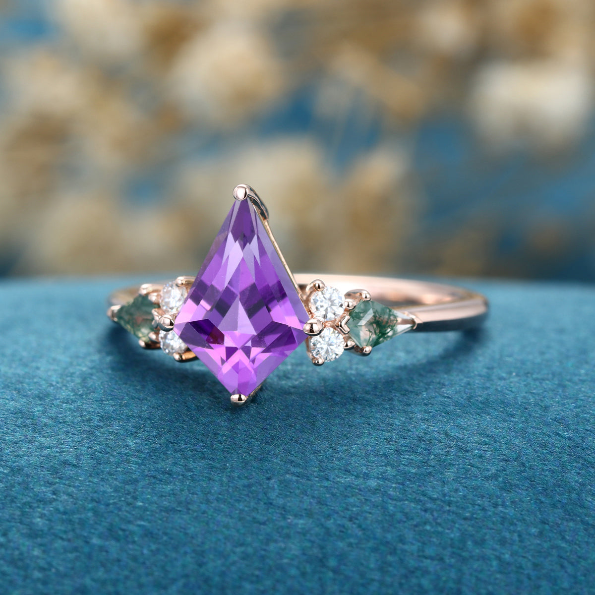 Kite cut Amethyst & Moss Agate Solid Gold Engagement Ring