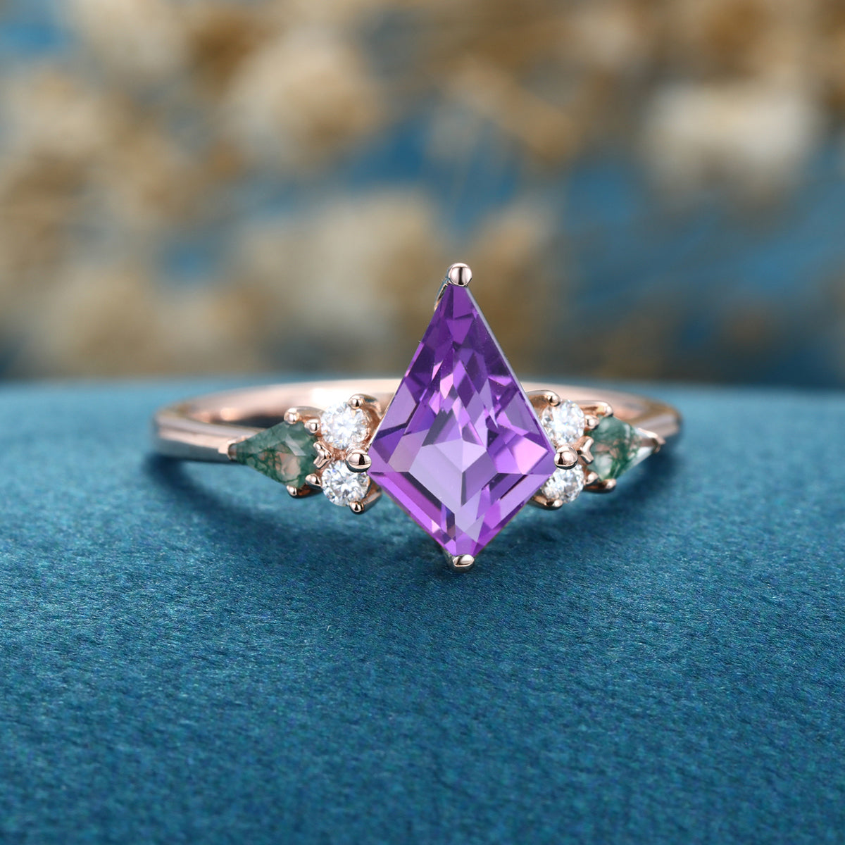 Kite cut Amethyst & Moss Agate Solid Gold Engagement Ring