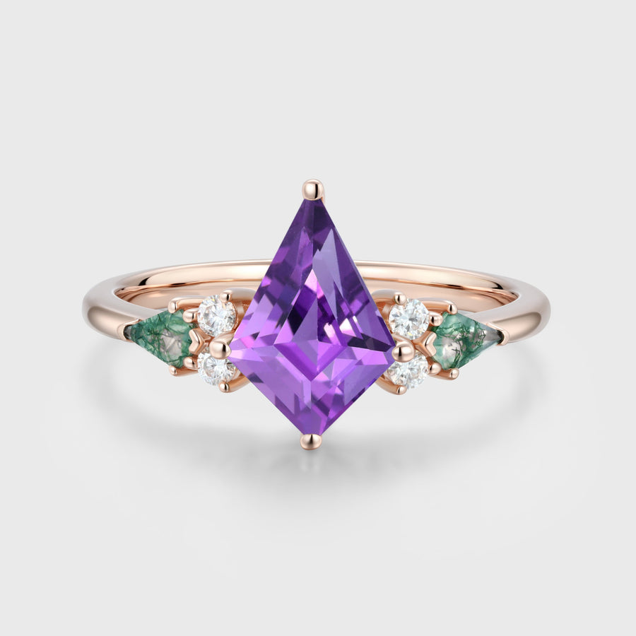 Kite cut Amethyst & Moss Agate Solid Gold Engagement Ring