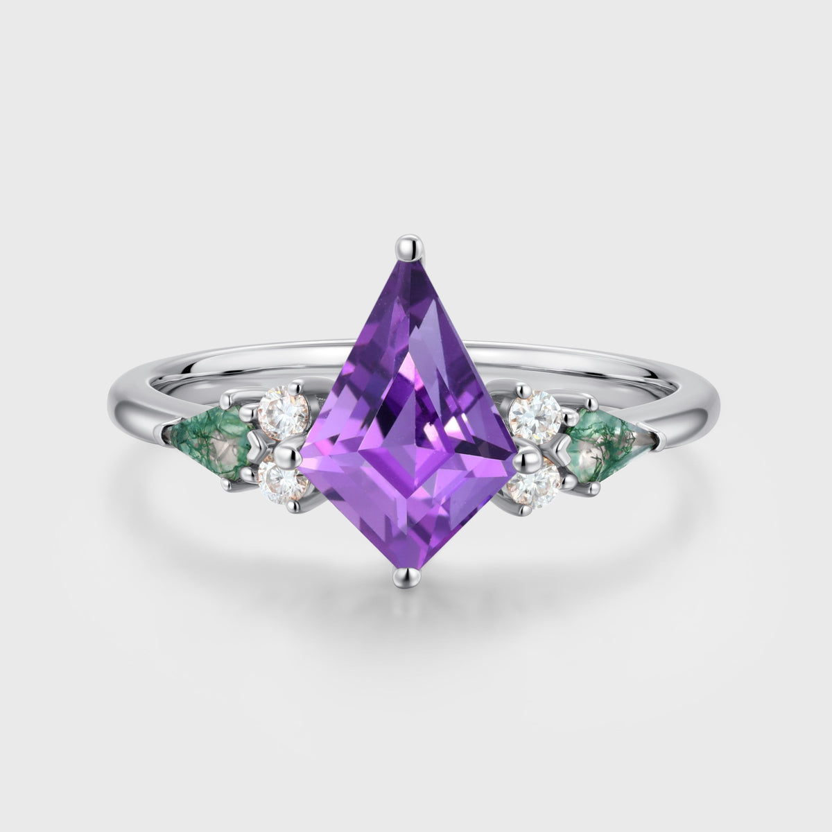 Kite cut Amethyst & Moss Agate Solid Gold Engagement Ring