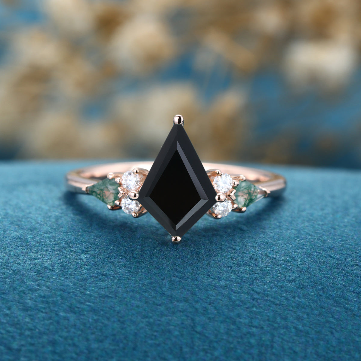 Kite cut Black Onyx & Moss Agate Solid Gold Engagement Ring