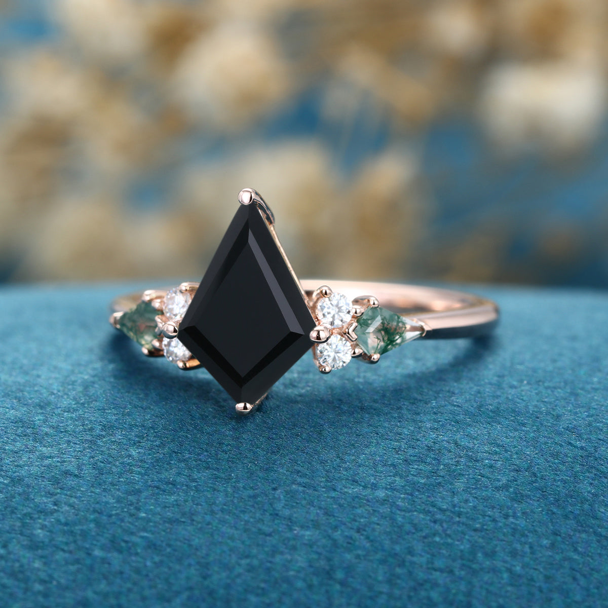 Kite cut Black Onyx & Moss Agate Solid Gold Engagement Ring