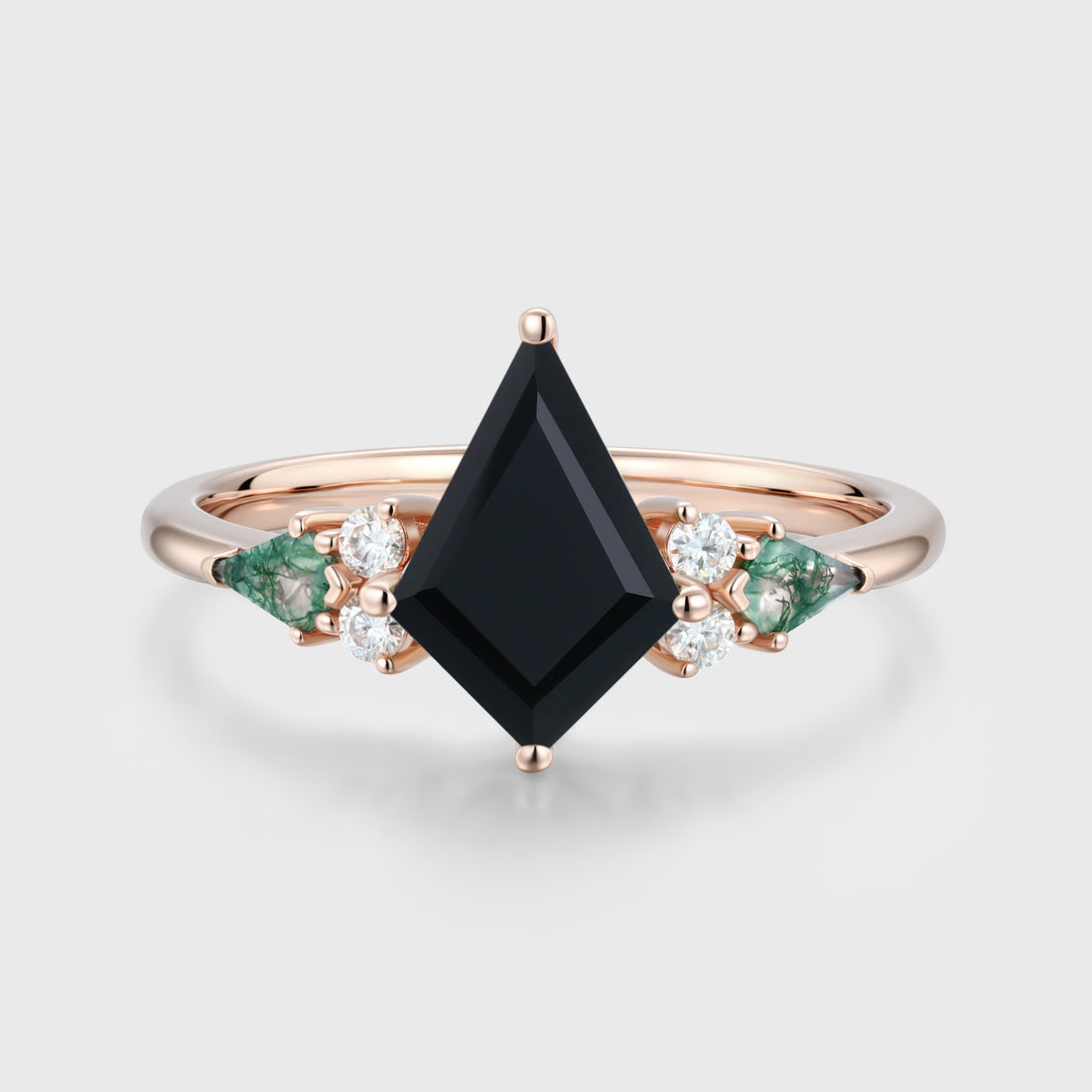Kite cut Black Onyx & Moss Agate Solid Gold Engagement Ring