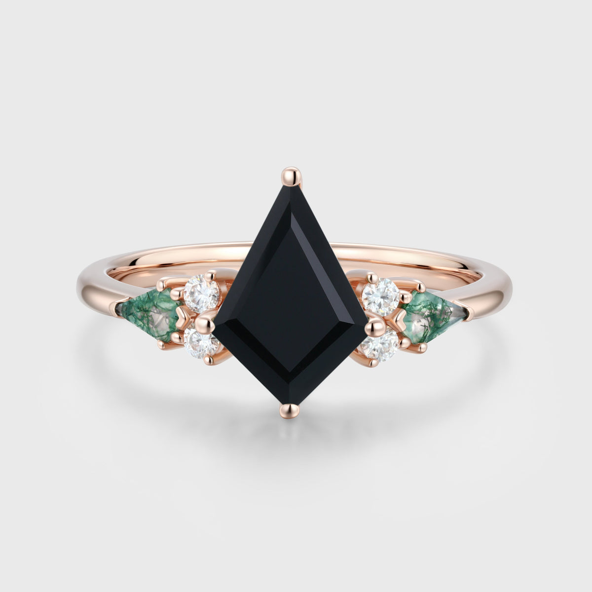 Kite cut Black Onyx & Moss Agate Solid Gold Engagement Ring