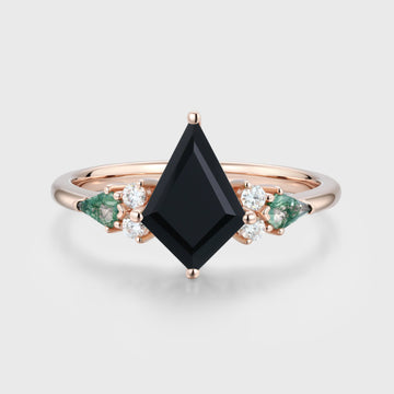 Kite cut Black Onyx & Moss Agate Solid Gold Engagement Ring